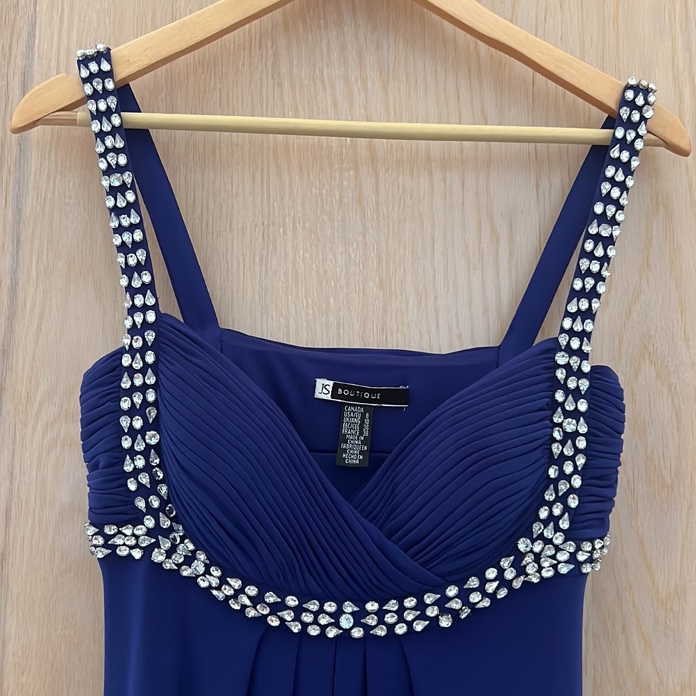 JS Boutique: Royal blue evening gown with rhinestone trim; size 8 - Picture 4 of 11